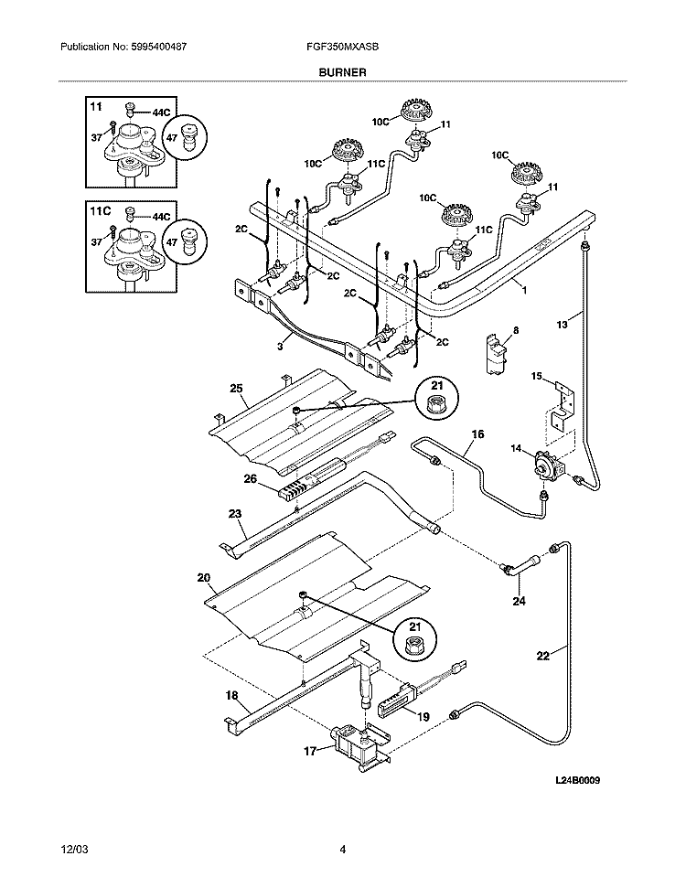 BURNER Diagram and Parts List for FGF350MXASB  Frigidaire Range
