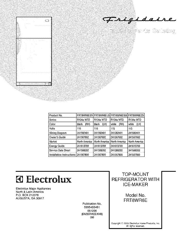 COVER Diagram and Parts List for FRT8WR6EL9  Frigidaire Refrigerator