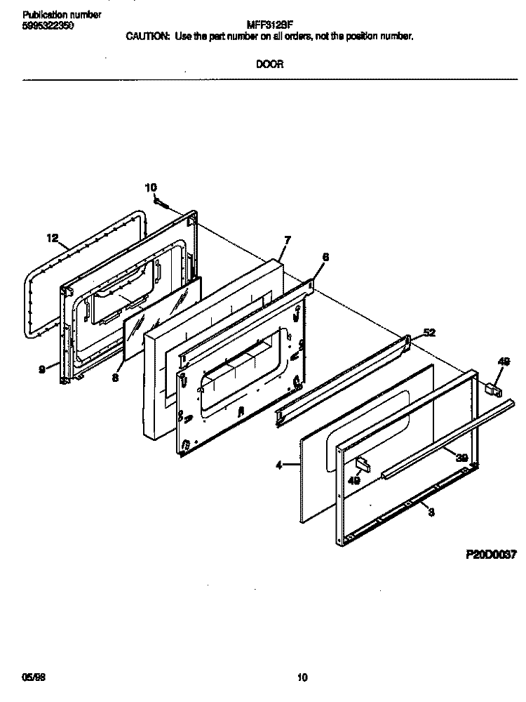 DOOR Diagram and Parts List for MFF312BFWB  Frigidaire Range