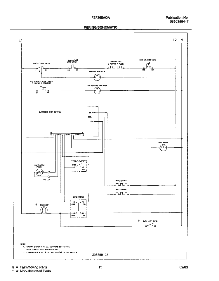 WIRING SCHEMATIC Diagram and Parts List for FEF365AQA  Frigidaire Range