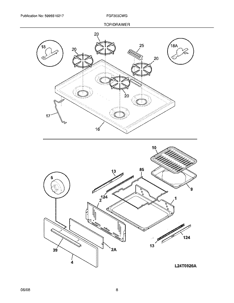TOP/DRAWER Diagram and Parts List for FGF303CWG  Frigidaire Range