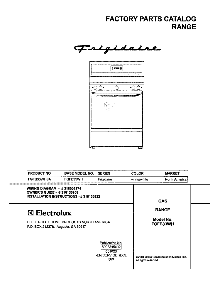 COVER Diagram and Parts List for FGFB33WHSA  Frigidaire Range
