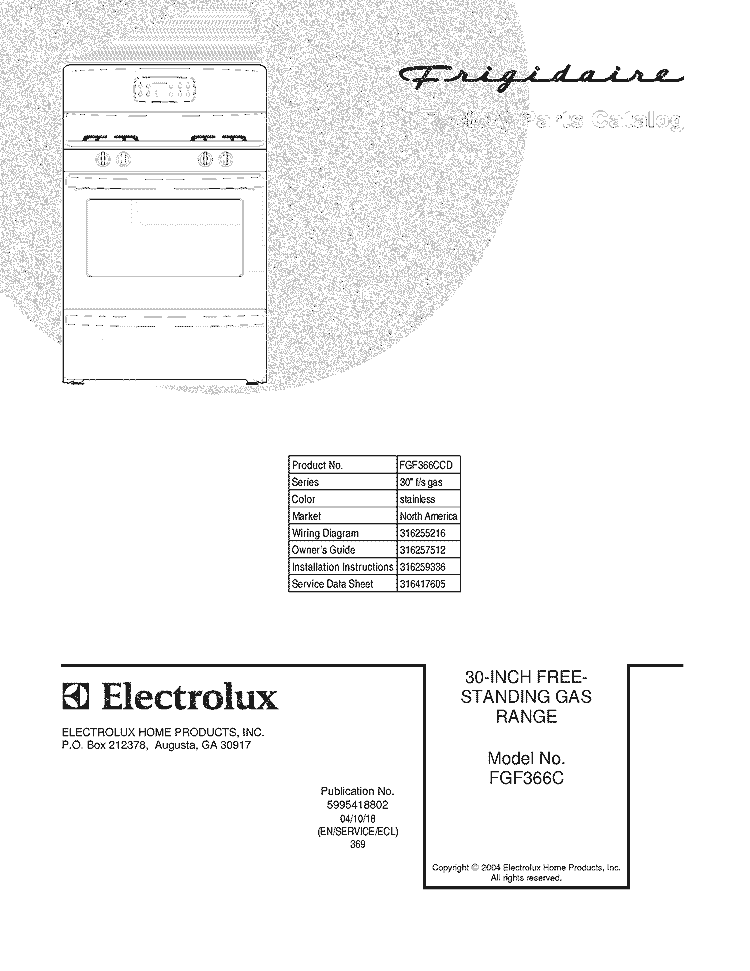 COVER Diagram and Parts List for FGF366CCD  Frigidaire Range