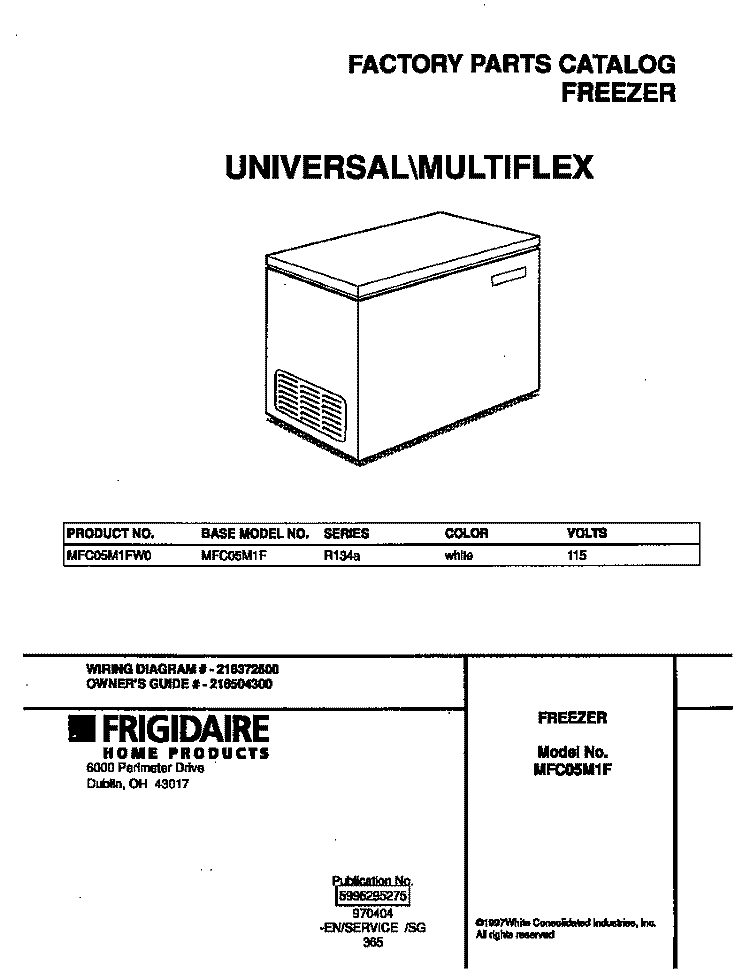 COVER Diagram and Parts List for MFC05M1FW0  Frigidaire Freezer