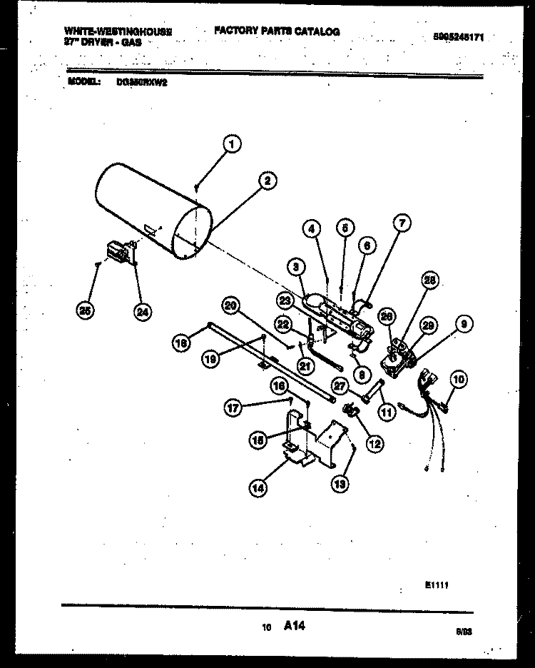 BURNER, IGNITER AND VALVE Diagram and Parts List for DG350RXW2  Frigidaire Dryer