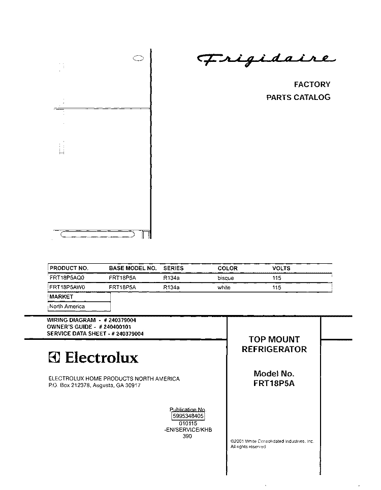 COVER Diagram and Parts List for FRT18P5AW0  Frigidaire Refrigerator
