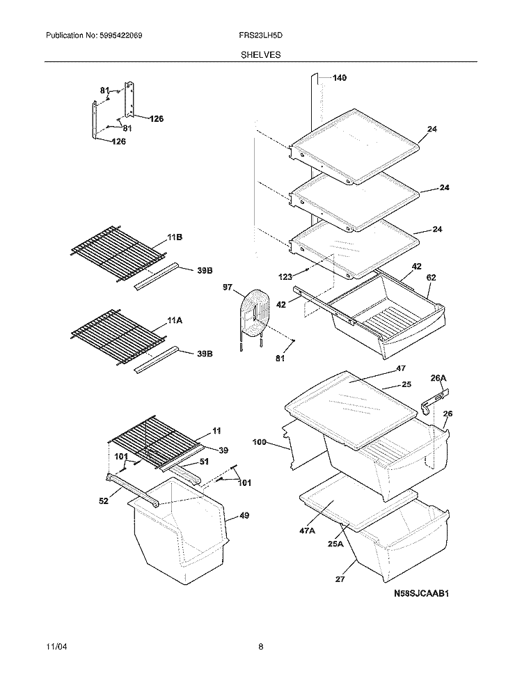 SHELVES Diagram and Parts List for FRS23LH5DB4  Frigidaire Refrigerator