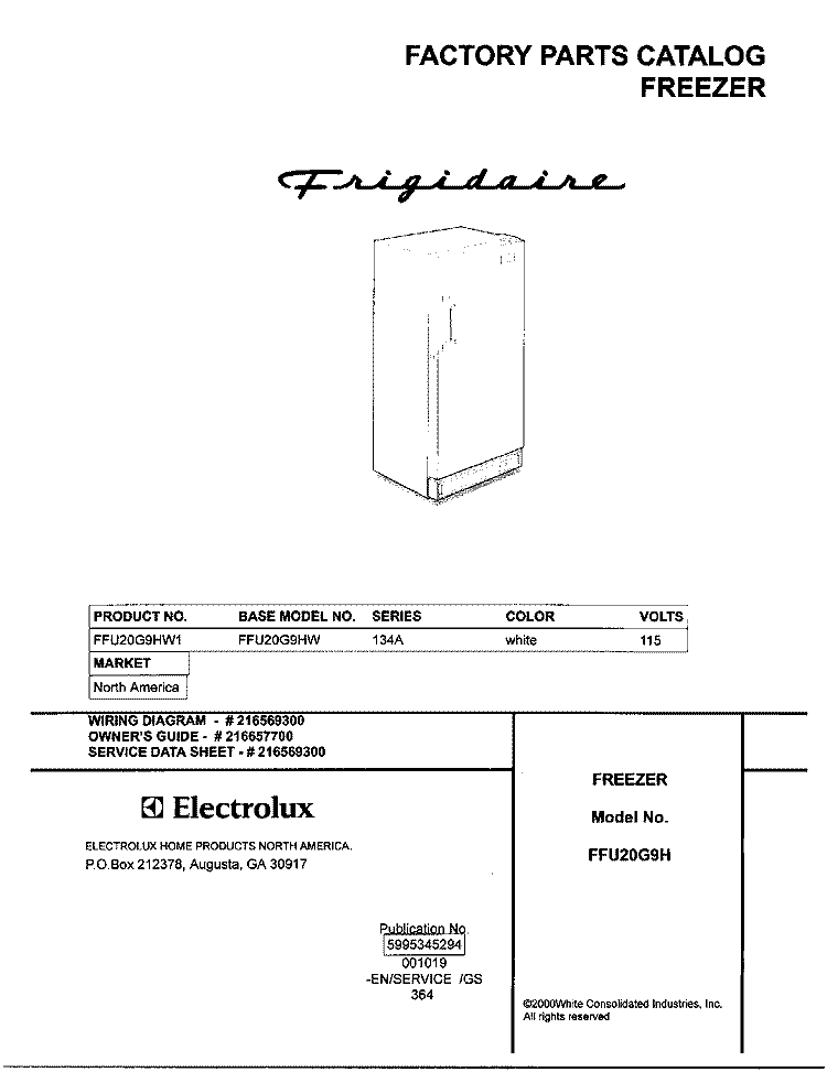 COVER Diagram and Parts List for FFU20G9HW1  Frigidaire Freezer