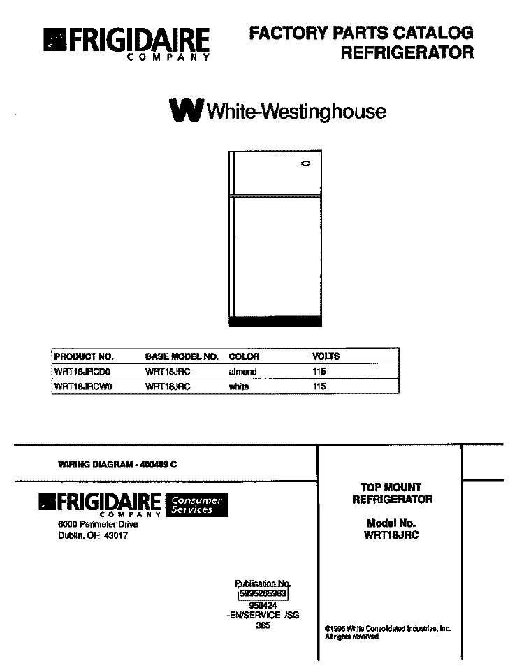 COVER Diagram and Parts List for WRT18JRCW0  Frigidaire Refrigerator