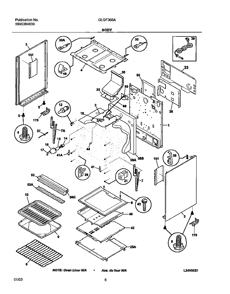BODY Diagram and Parts List for GLGF366AQD  Frigidaire Range