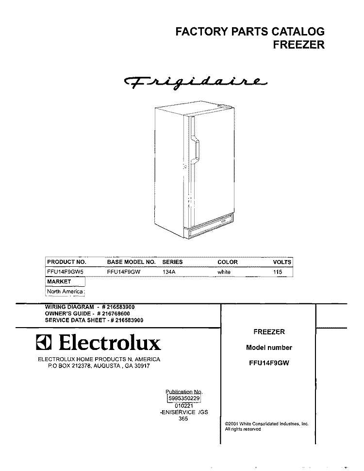 COVER Diagram and Parts List for FFU14F9GW5  Frigidaire Freezer