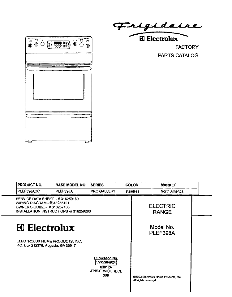 COVER Diagram and Parts List for PLEF398ACC  Frigidaire Range