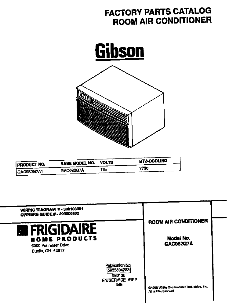 COVER Diagram and Parts List for GAC082G7A1  Gibson Air Conditioner