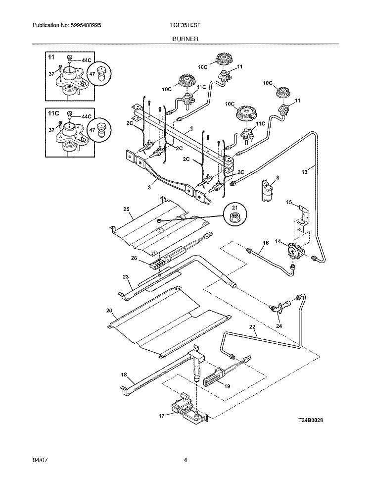 BURNER Diagram and Parts List for TGF351ESF  Tappan Range