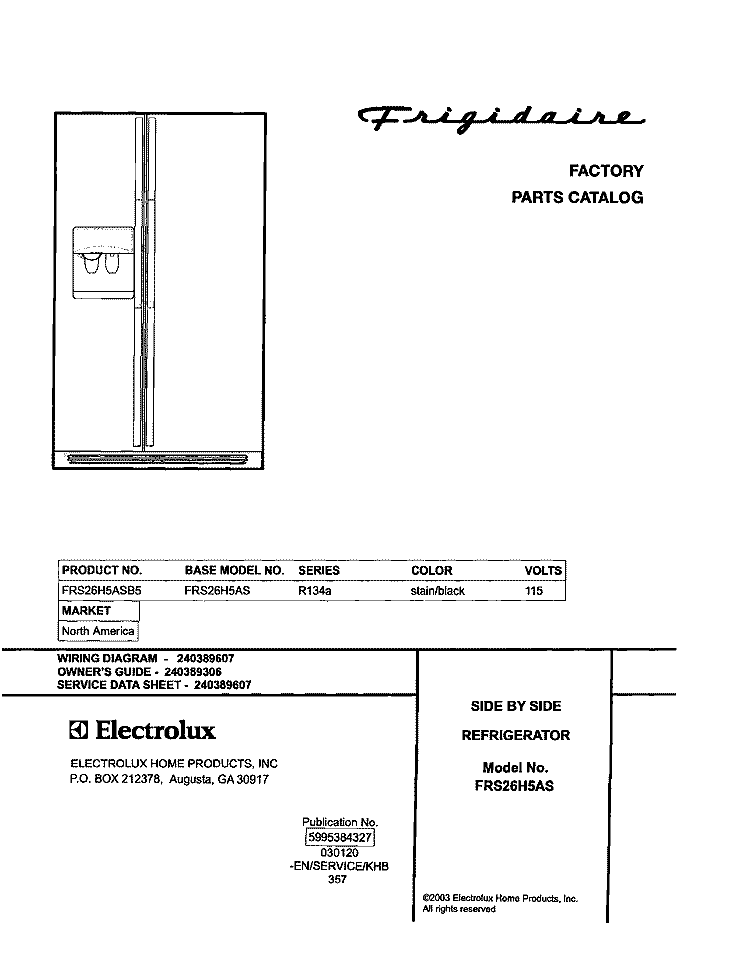 COVER Diagram and Parts List for FRS26H5ASB5  Frigidaire Refrigerator