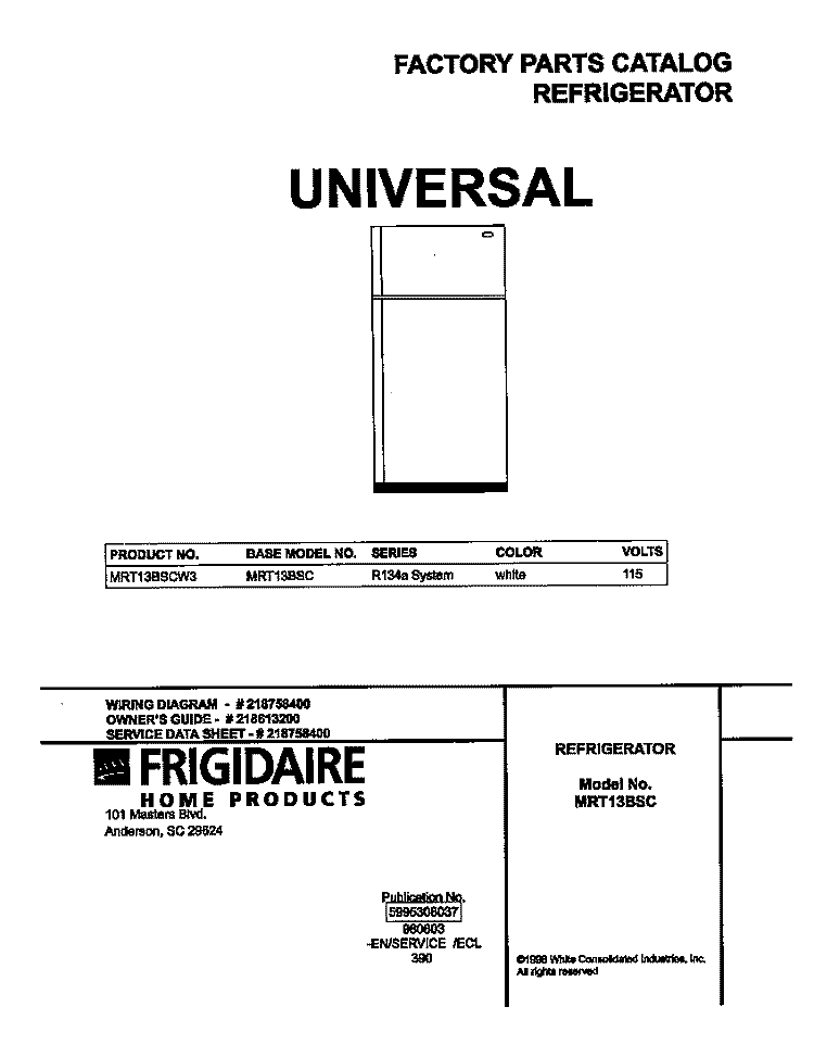 COVER Diagram and Parts List for MRT13BSCW3  Frigidaire Refrigerator
