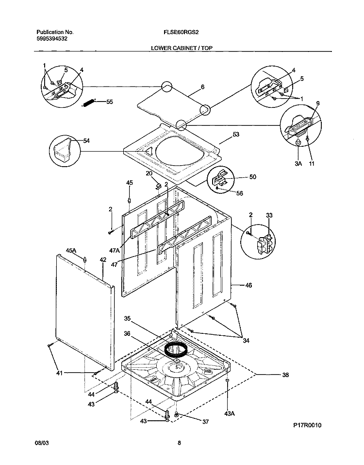 LOWER CABINET / TOP Diagram and Parts List for FLSE60RGS2  Frigidaire Washer Dryer Combo
