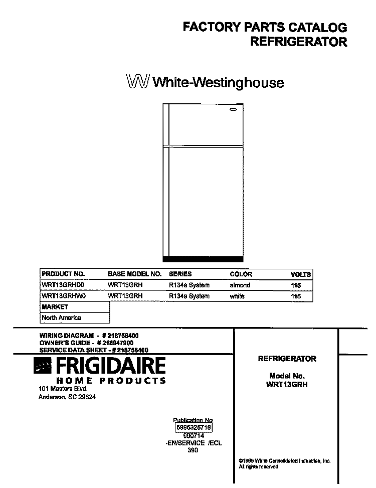 COVER Diagram and Parts List for WRT13GRHD0  Frigidaire Refrigerator