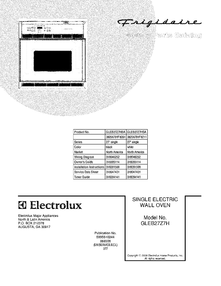 COVER Diagram and Parts List for GLEB27Z7HBA  Frigidaire Wall Oven