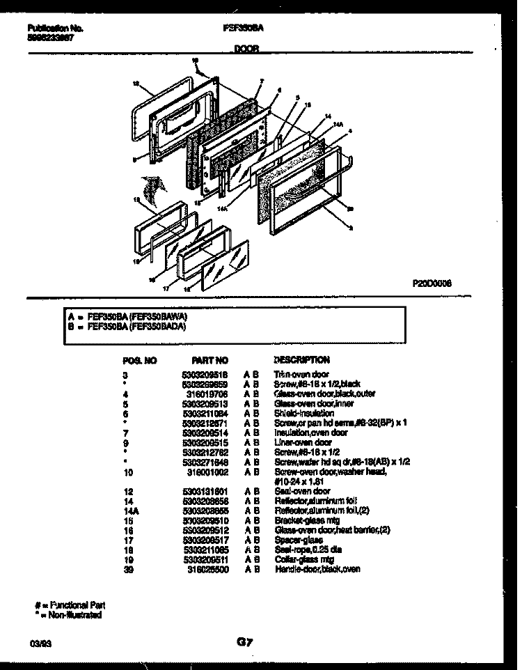 DOOR PARTS Diagram and Parts List for FEF350BAWA  Frigidaire Range