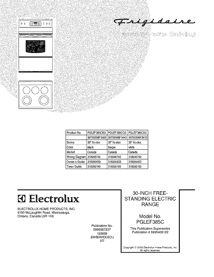 COVER Diagram and Parts List for PGLEF385CB3  Frigidaire Range