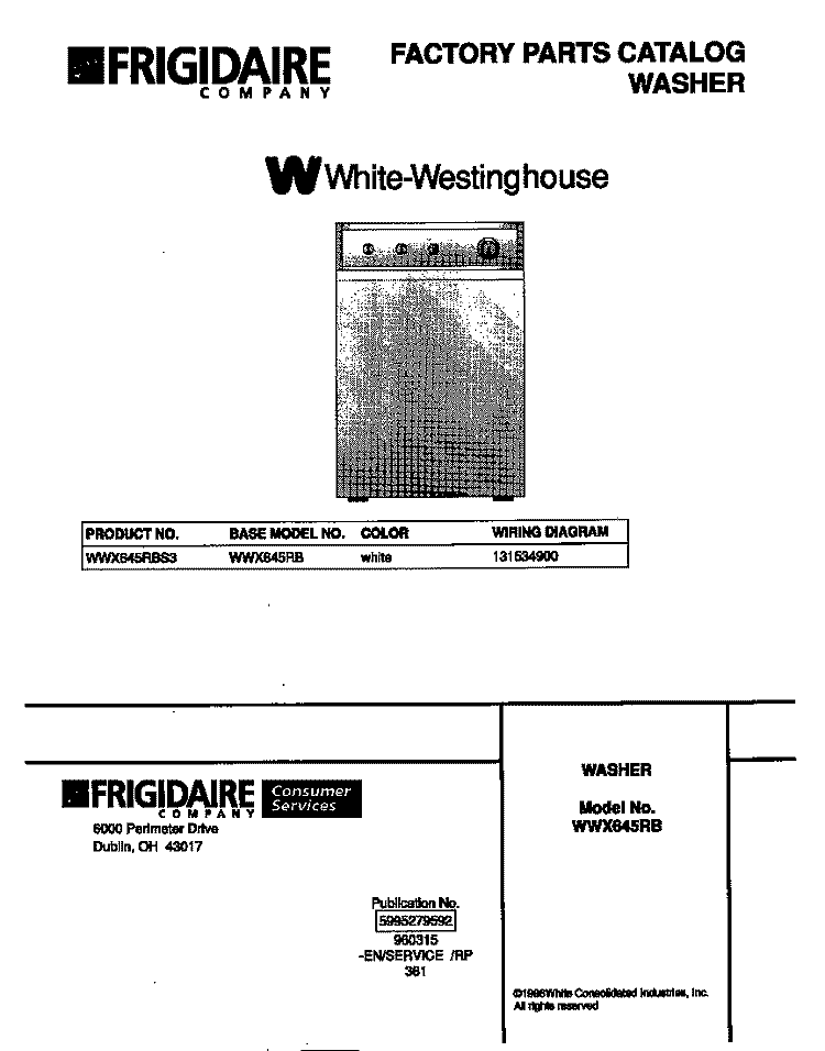 COVER Diagram and Parts List for WWX645RBS3  Frigidaire Washer