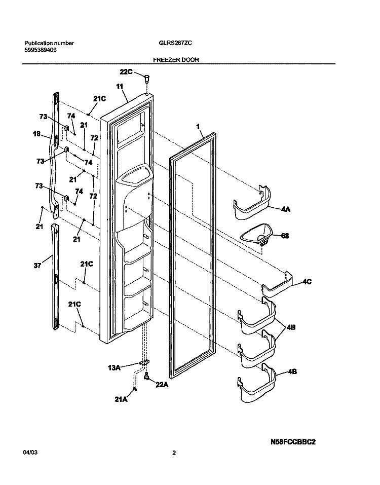 FREEZER DOOR Diagram and Parts List for GLRS267ZCB0  Frigidaire Refrigerator