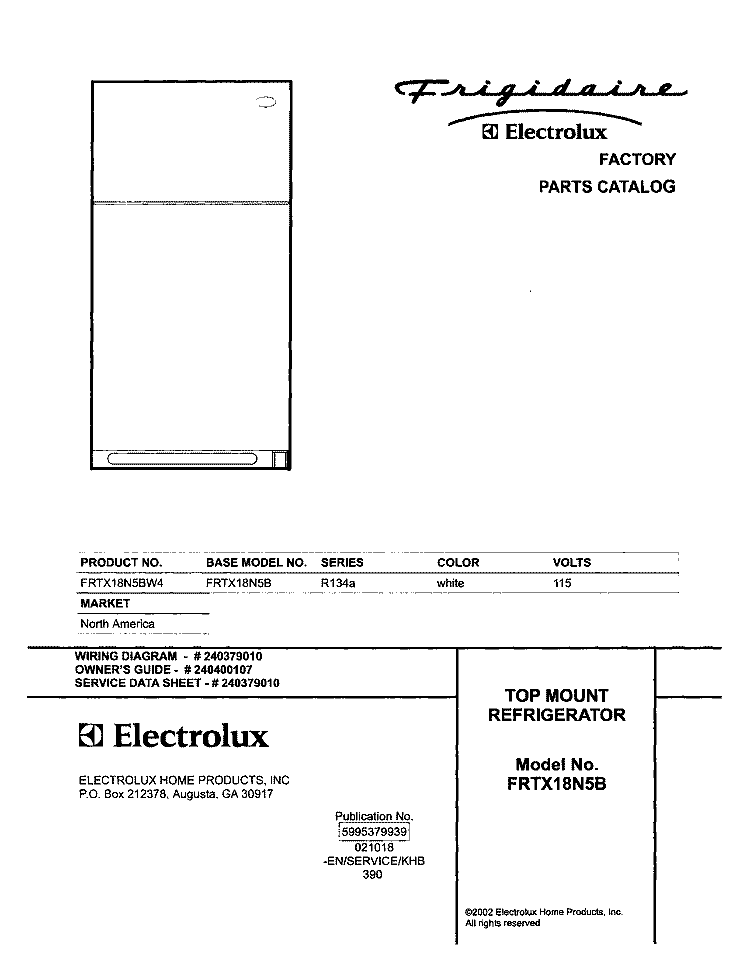 COVER Diagram and Parts List for FRTX18N5BW4  Frigidaire Refrigerator