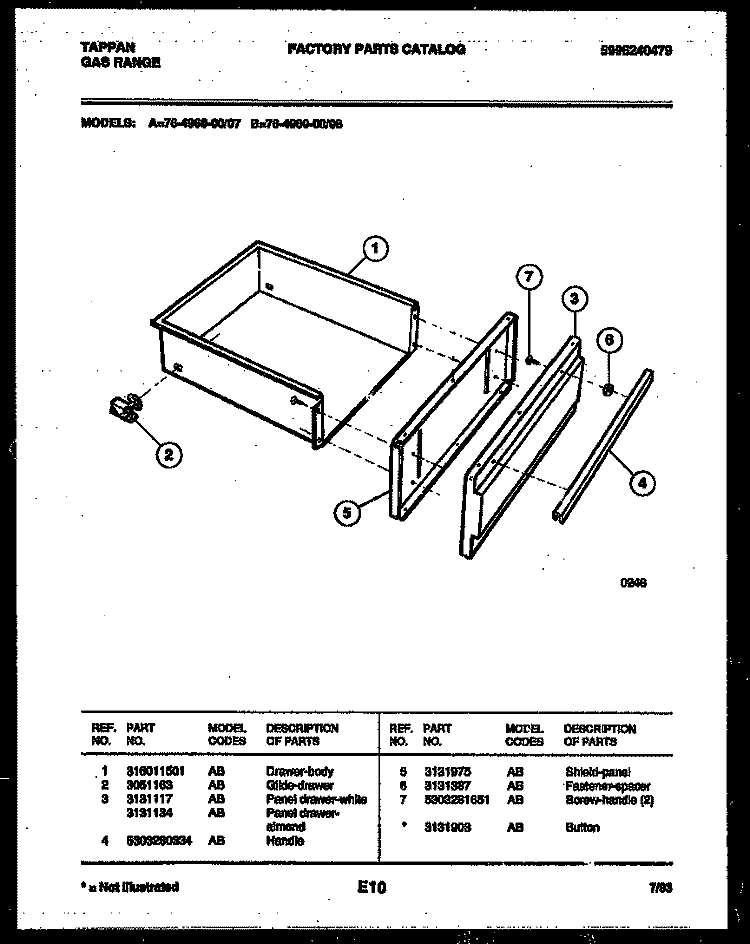 DRAWER PARTS Diagram and Parts List for 76-4960-23-08  Tappan Microwave Oven Combo