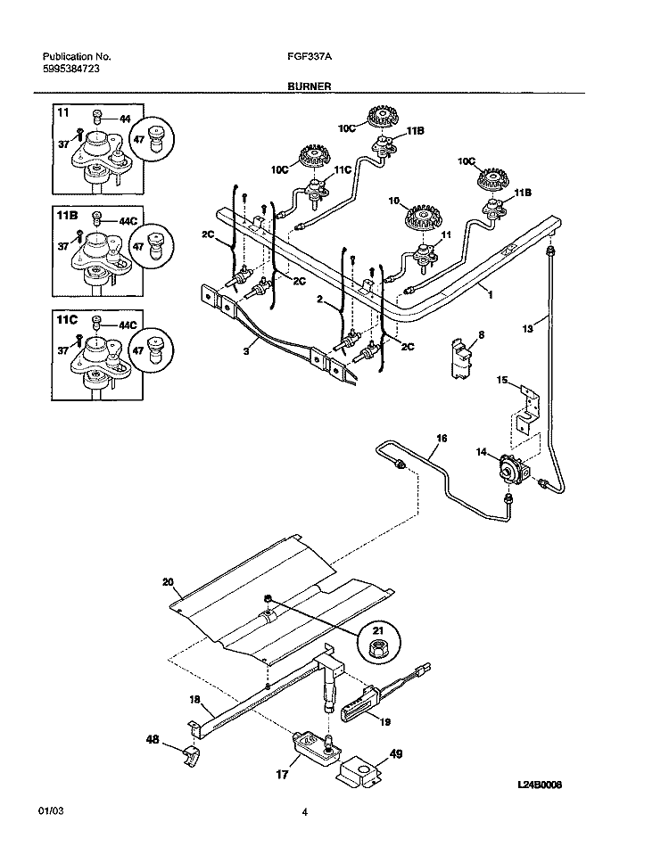 BURNER Diagram and Parts List for FGF337ASE  Frigidaire Range