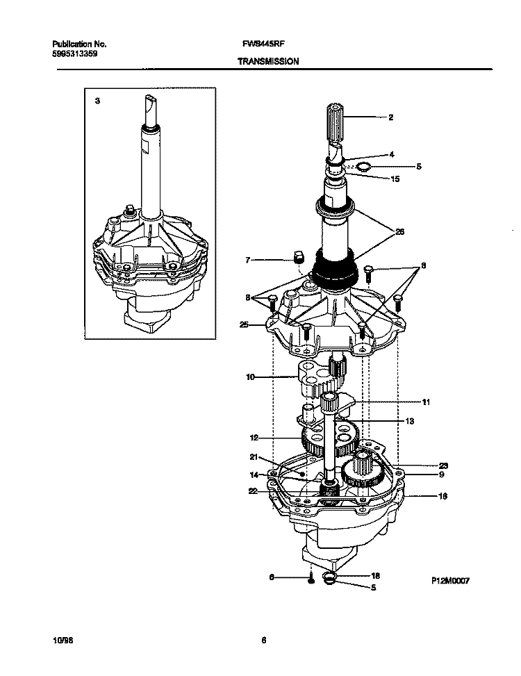 P12M0007 TRANSMISSION Diagram and Parts List for FWS445RFS1  Frigidaire Washer