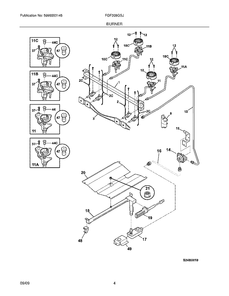BURNER Diagram and Parts List for FGF328GSJ  Frigidaire Range