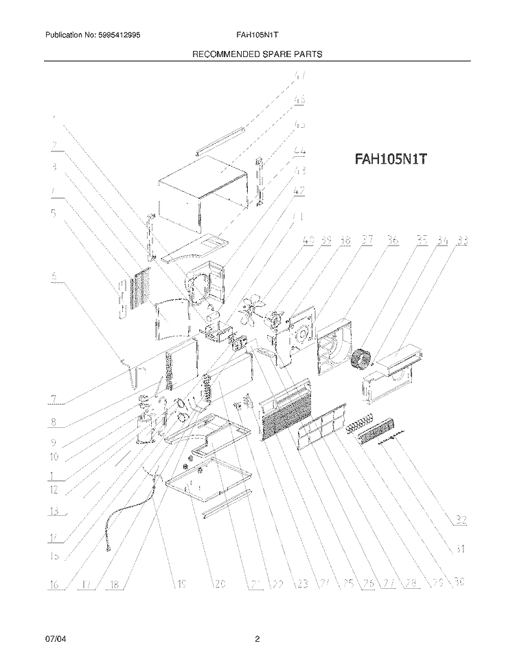 RECOMMENDED SPARE PARTS Diagram and Parts List for FAH105N1T  Frigidaire Air Conditioner
