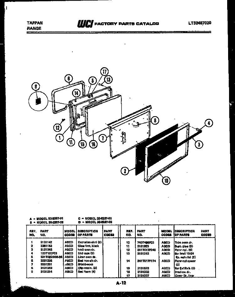 DOOR PARTS Diagram and Parts List for 30-2237-00-02  Tappan Range