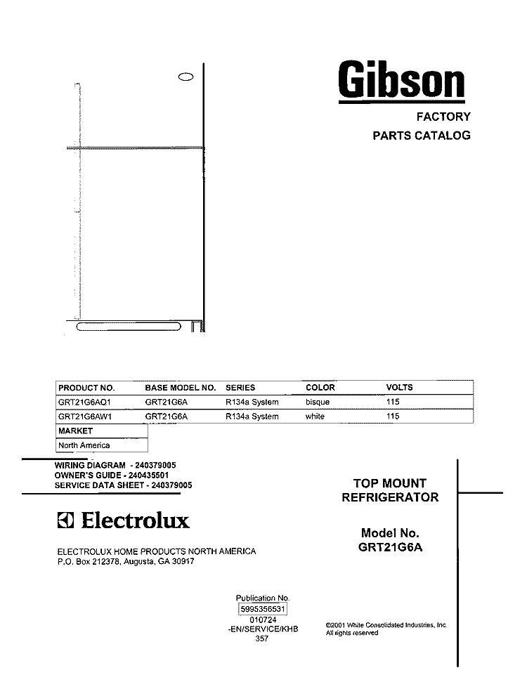 COVER Diagram and Parts List for GRT21G6AQ1  Gibson Refrigerator