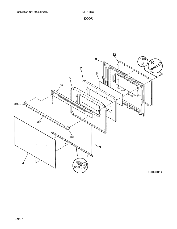 DOOR Diagram and Parts List for TEF317BWF  Tappan Range