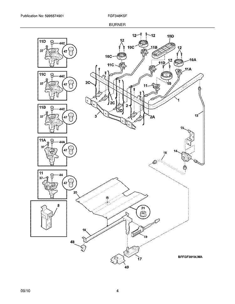 BURNER Diagram and Parts List for FGF348KSF  Frigidaire Range