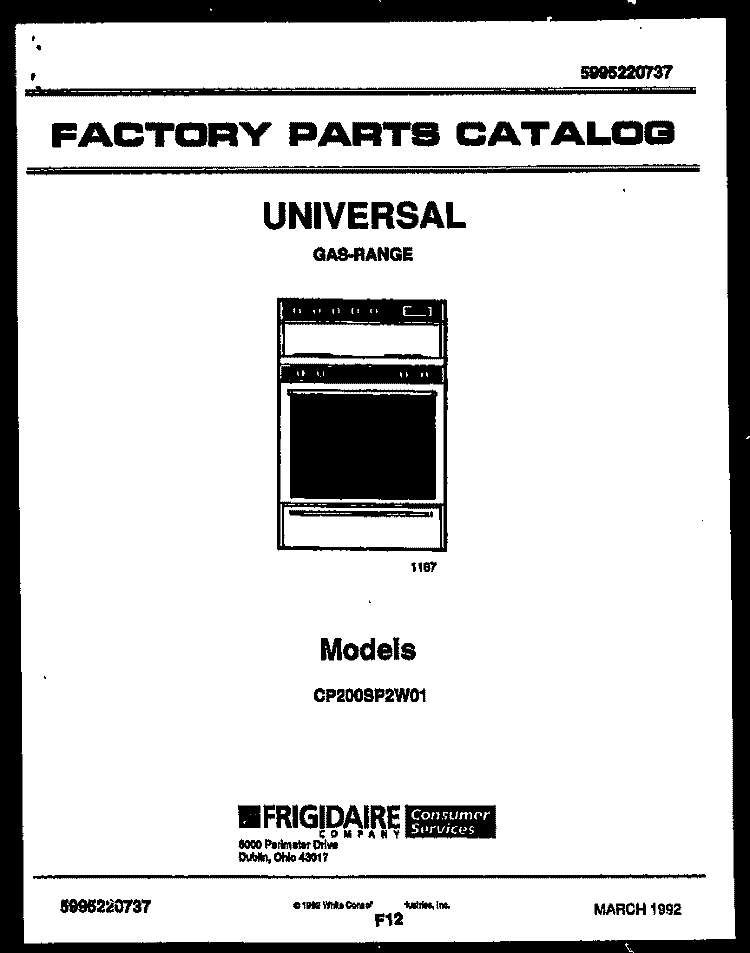COVER Diagram and Parts List for CP200SP2D1  Frigidaire Range