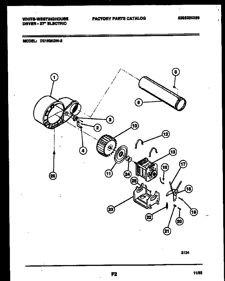 BLOWER AND DRIVE PARTS Diagram and Parts List for DE150KDD5  Frigidaire Dryer