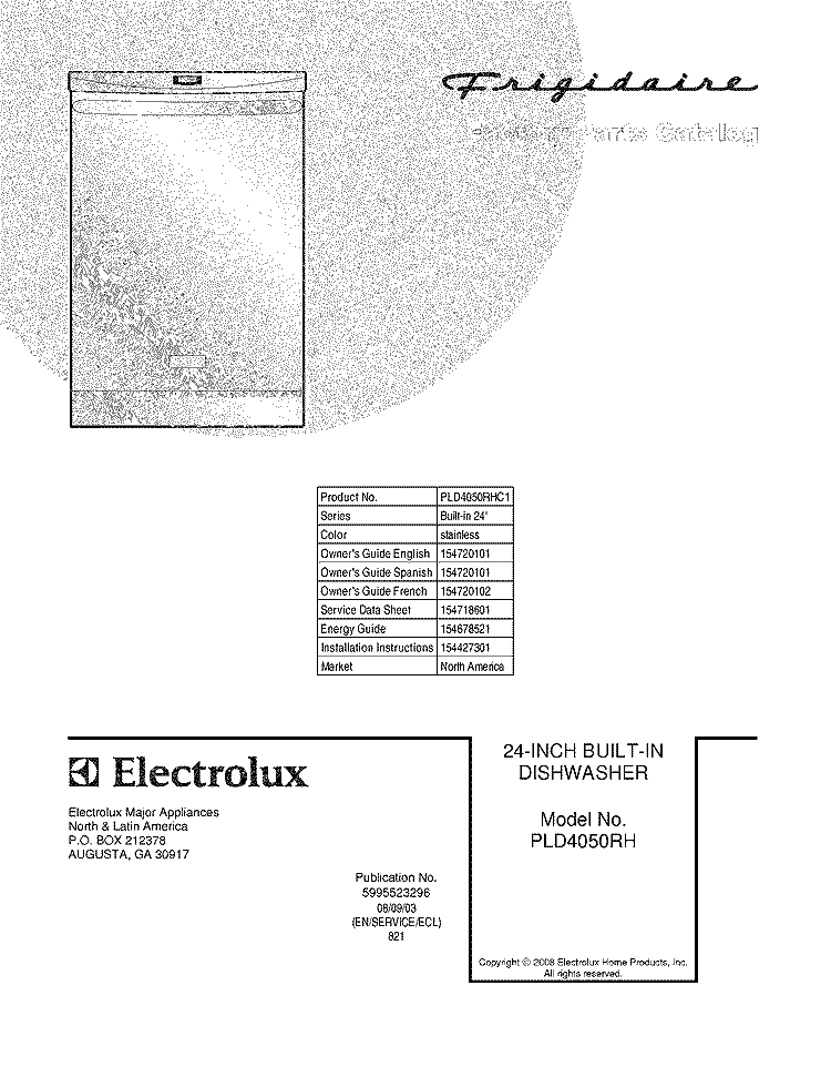 COVER Diagram and Parts List for PLD4050RHC1  Frigidaire Dishwasher