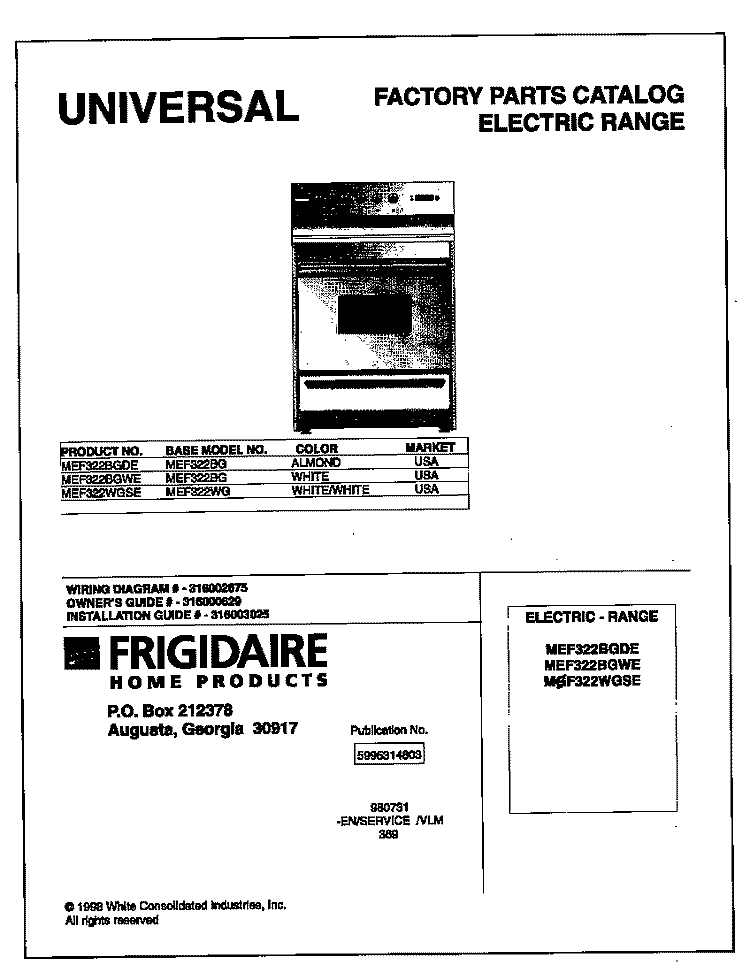 COVER Diagram and Parts List for MEF322WGSE  Frigidaire Range