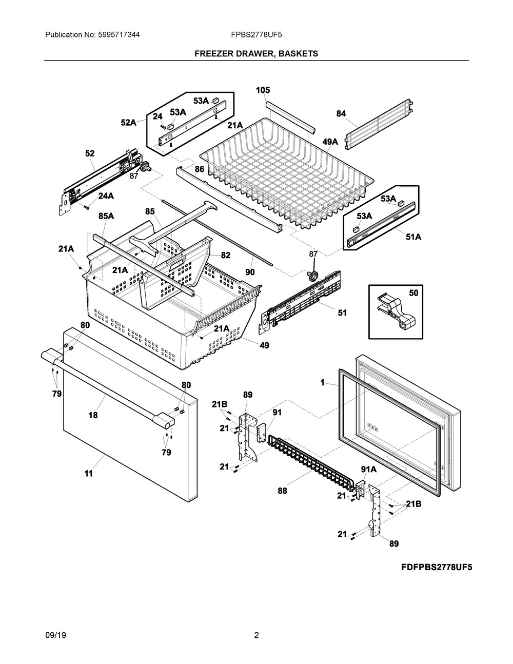 Freezer Drawer, Baskets Diagram and Parts List for FPBS2778UF5  Frigidaire Refrigerator