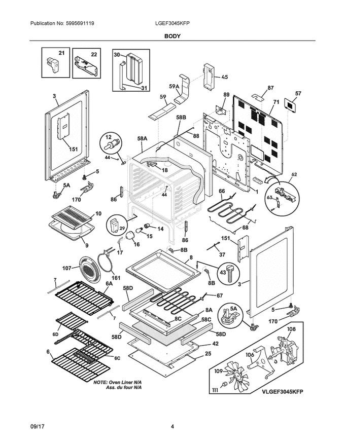 03 - Body Diagram and Parts List for LGEF3045KFP  Frigidaire Range