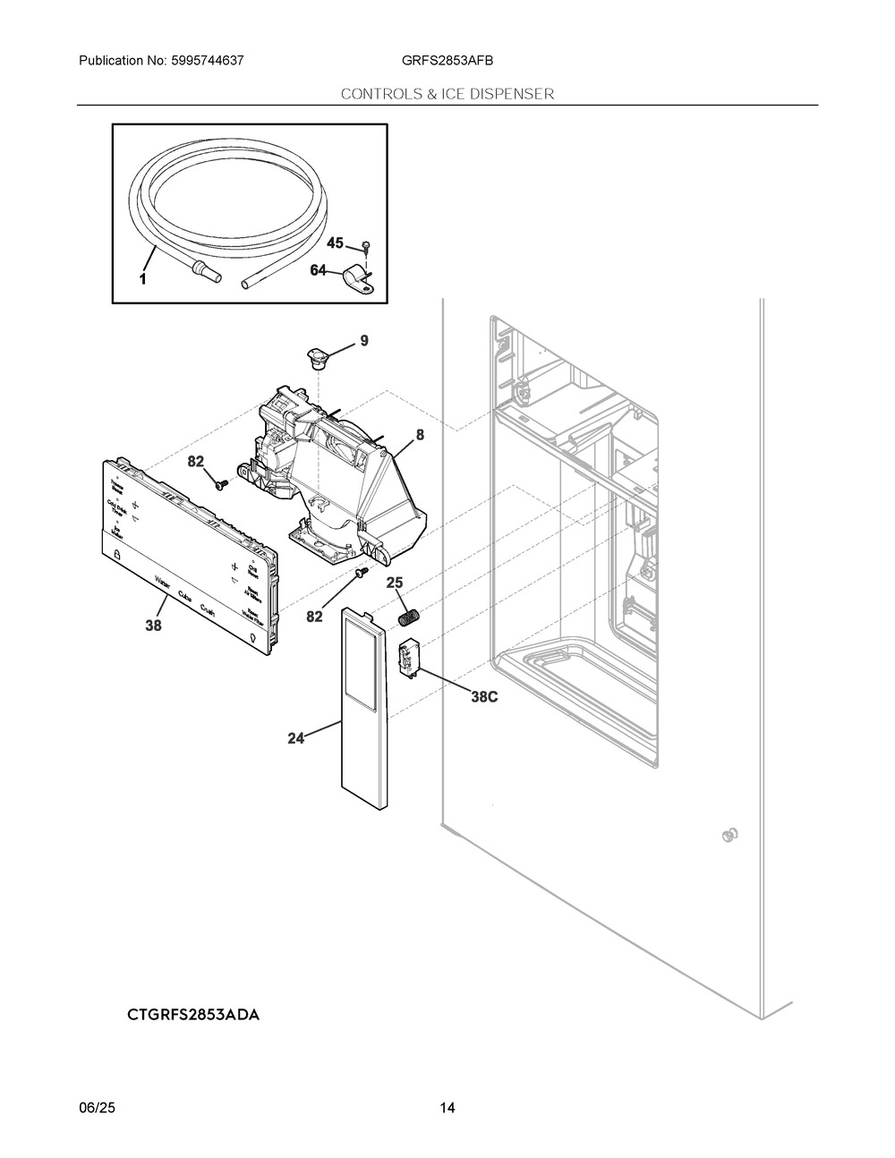 Controls And Ice Dispenser Diagram and Parts List for GRFS2853AFB  Frigidaire Refrigerator