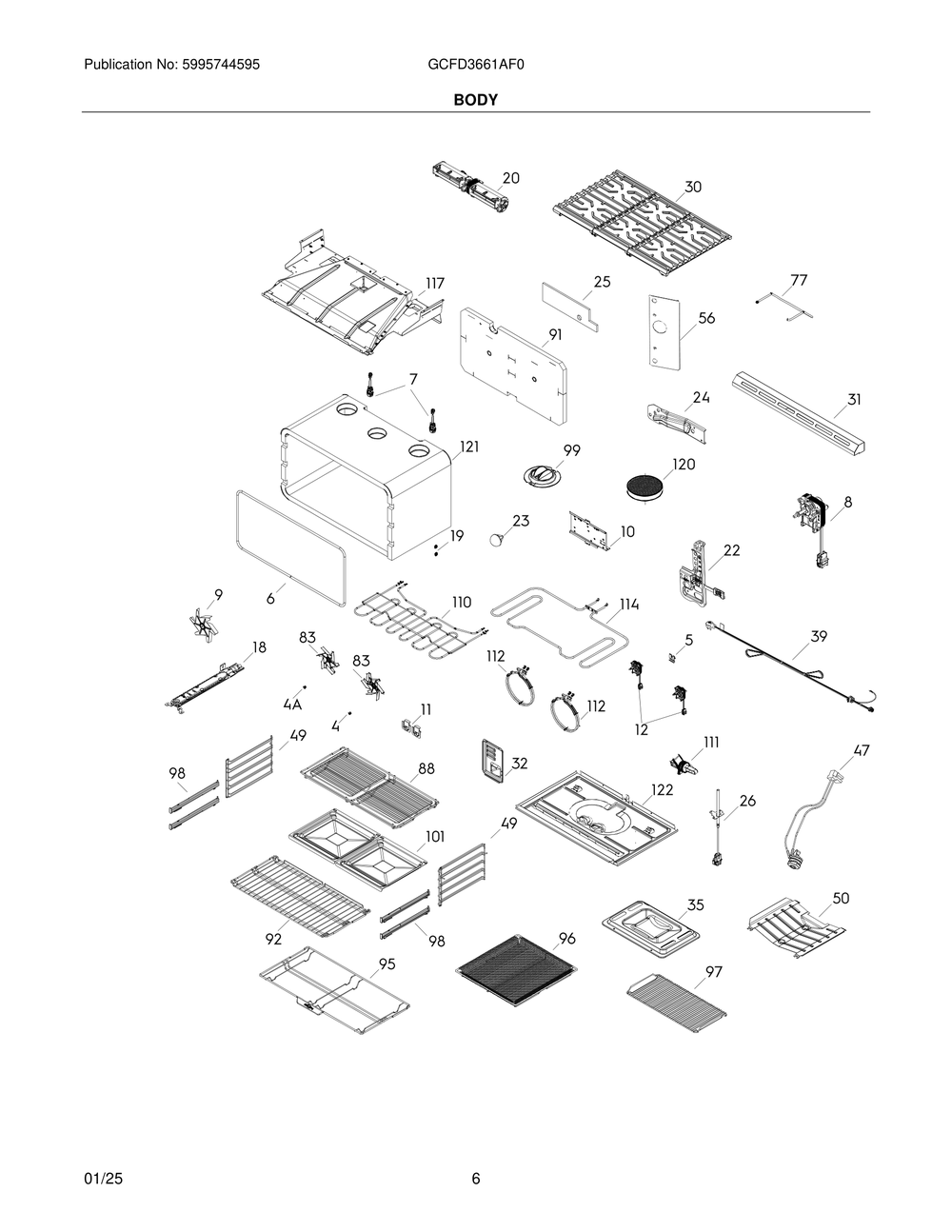 Body Diagram and Parts List for GCFD3661AF0  Frigidaire Range