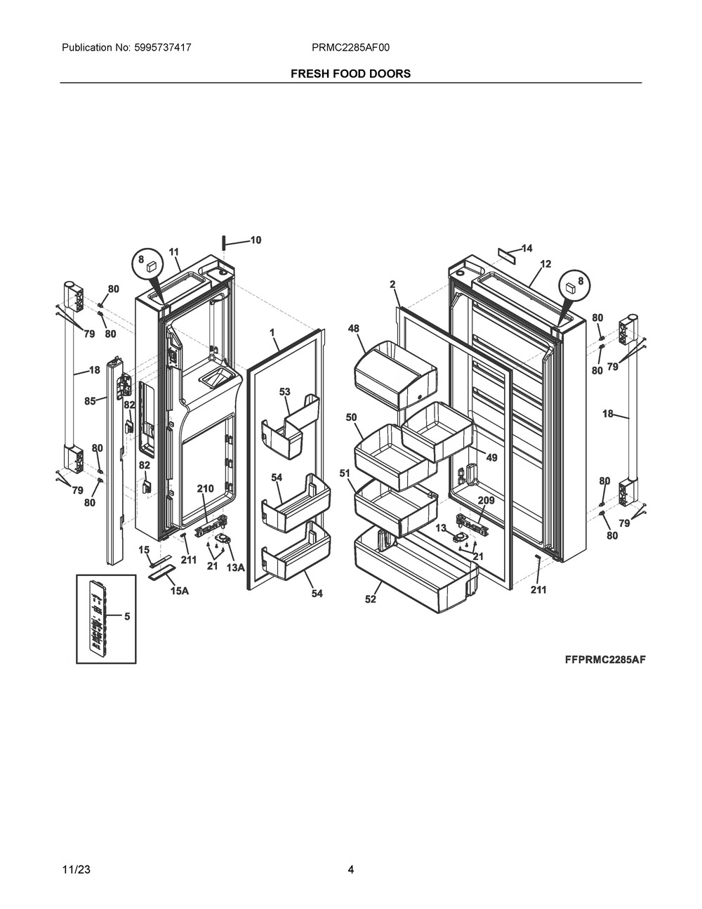 Fresh Food Doors Diagram and Parts List for PRMC2285AF00  Frigidaire Refrigerator