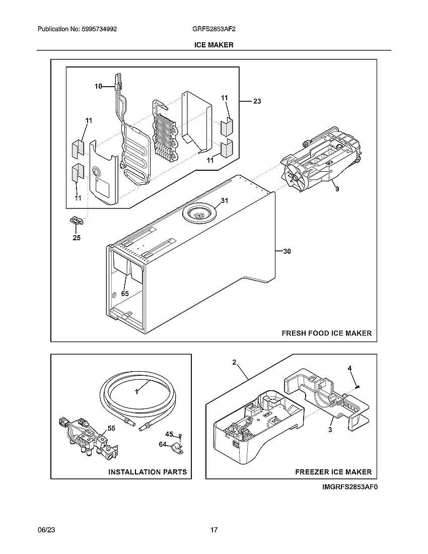 Ice Maker Diagram and Parts List for GRFS2853AF2  Electrolux Refrigerator