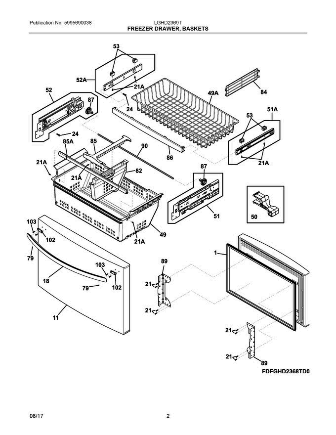 02 - Freezer Drawer, Baskets Diagram and Parts List for LGHD2369TD0  Frigidaire Refrigerator