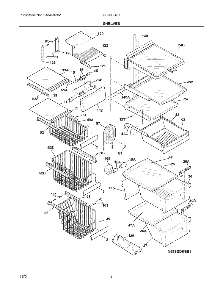 SHELVES Diagram and Parts List for GS23HSZDC6  Frigidaire Refrigerator