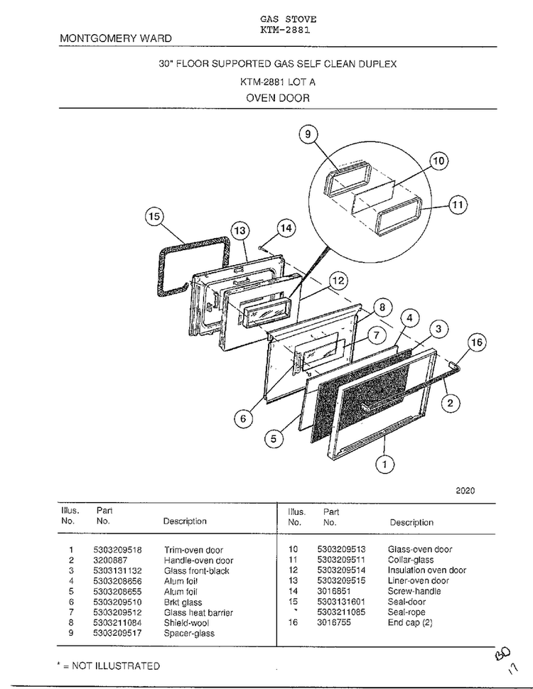 Oven Door Diagram and Parts List for 2881  Frigidaire Range